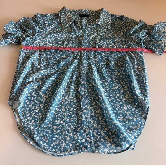 ATELIER INDUSTAIE | Blue floral pocket ruffle puff shirt sleeve button up shirt - Picture 12 of 13